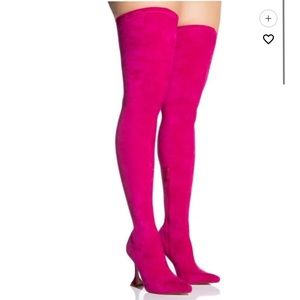 Pink stretch thigh high boots